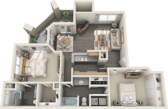 Tresa at Arrowhead Apartments 2 bedroom 2 bath 998 sqft 3D rendering of floor plan