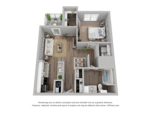 a 3d floor plan of a 1 bedroom apartment