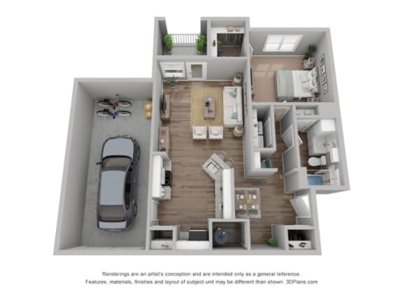 a 3d floor plan of a studio apartment with a car in the garage