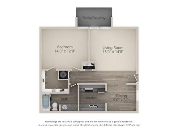 A 3D floor plan of a small apartment with a living room, bedroom, kitchen, and bathroom.