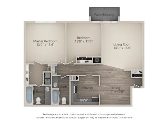 Floor Plan  A 3D floor plan of a house with a master bedroom, a living room, a kitchen, a dining room, and two bathrooms.
