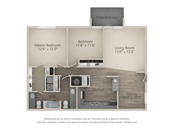 A floor plan of a home with a master bedroom, living room, patio, and kitchen.