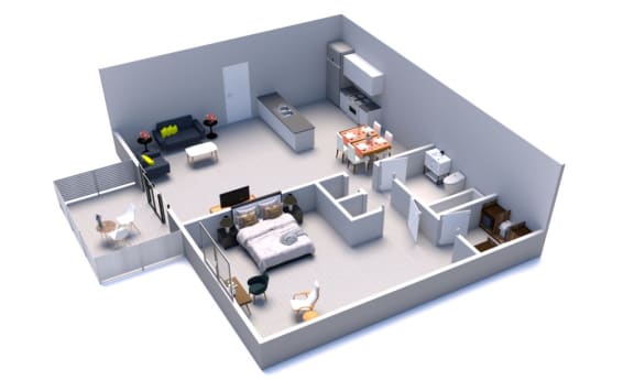 this is an illustration of a 3d floor plan with a bedroom and living room