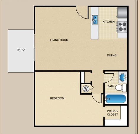 A floor plan of a house with a living room, dining area, kitchen, bedroom, bathroom, and walk-in closet.
