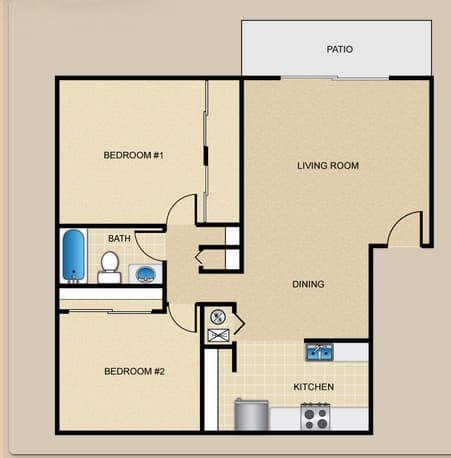 A floor plan of a house with two bedrooms, a living room, a dining area, a kitchen, and a bathroom.