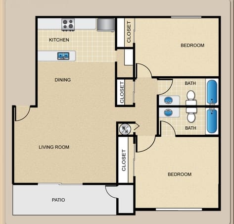 A floor plan of a house with a kitchen, dining area, living room, two bedrooms, and a bathroom.