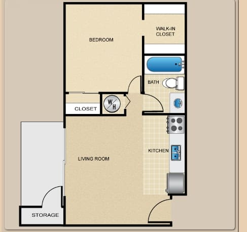 A floor plan of a small apartment with a bedroom, living room, kitchen, and storage.