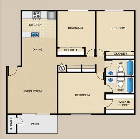 A floor plan of a house with labeled rooms such as kitchen, dining, and bedrooms.