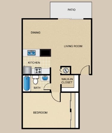 A floor plan of a house with a kitchen, living room, dining area, bathroom, and bedroom.