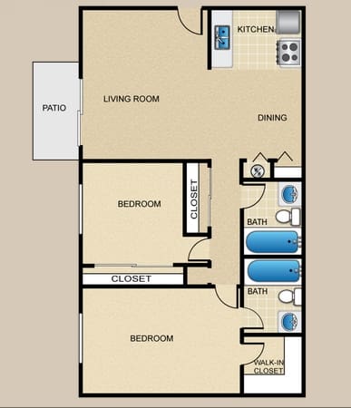 A floor plan of an apartment with a kitchen, living room, dining room, and three bedrooms.