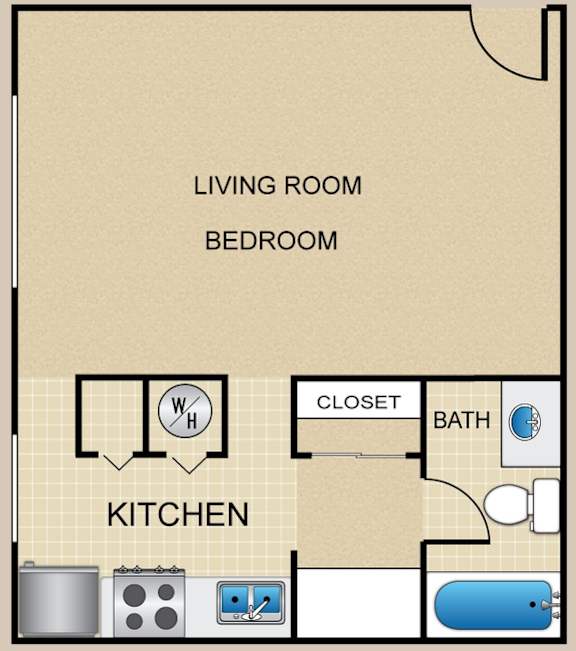 A floor plan of a small apartment with a kitchen, living room, and bedroom.
