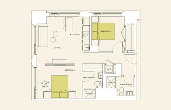 A floor plan of a small apartment with two bedrooms, a living room, a kitchen, and two bathrooms.