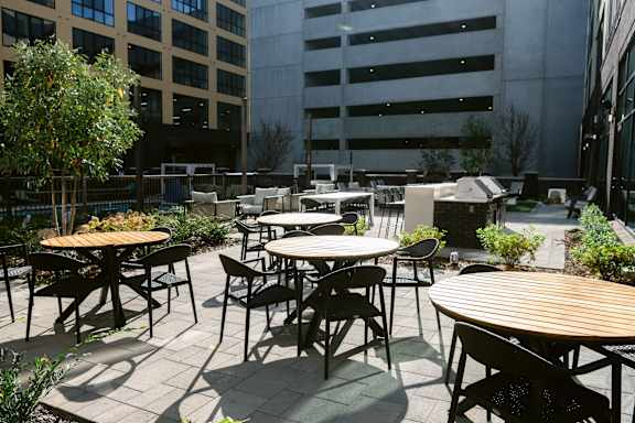 Patio with dining area at Anthem House, Alabama