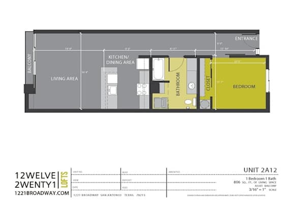 Floor Plan  2A12 floor plan at 1221 Broadway Lofts, San Antonio, TX, Texas