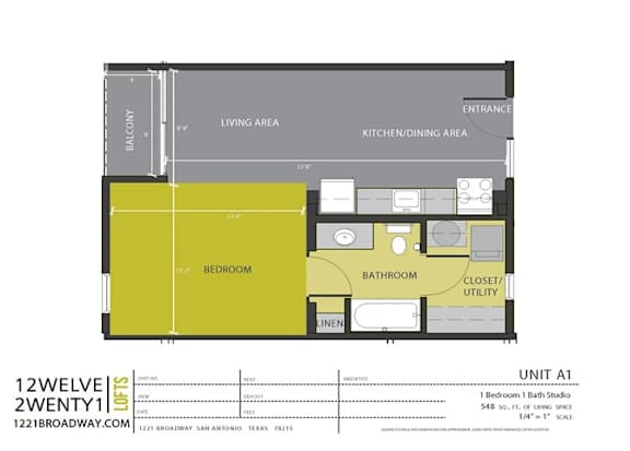 Floor Plan  A1 floor plan at 1221 Broadway Lofts, San Antonio, TX, 78215