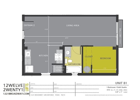 Floor Plan  B1 floor plan at 1221 Broadway Lofts, San Antonio, Texas