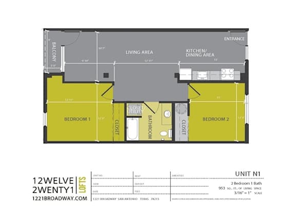 Floor Plan  N1 floor plan at 1221 Broadway Lofts, San Antonio, 78215