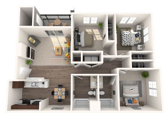 this is a 3d floor plan of a 884 square foot 1 bedroom apartment at the