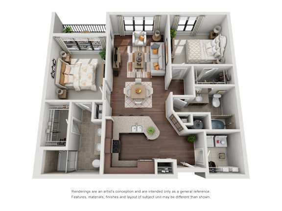 A 3D floor plan of a house with a kitchen, living room, and bedrooms.