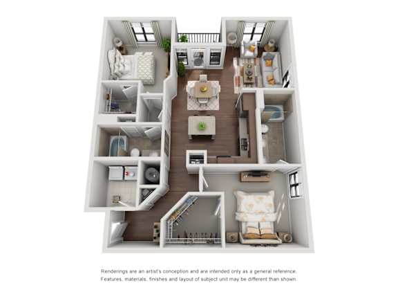 A 3D rendered image of a house layout.
