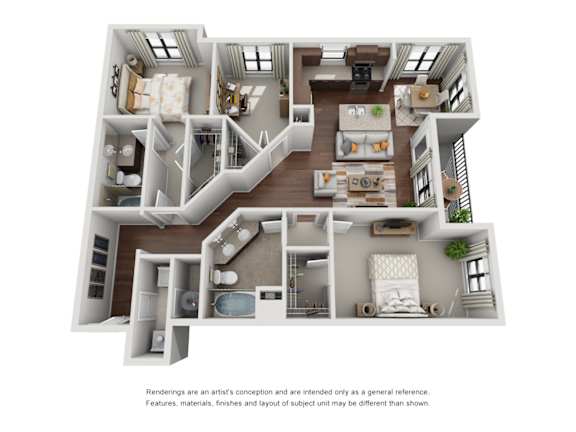 A 3D rendered image of a house layout.