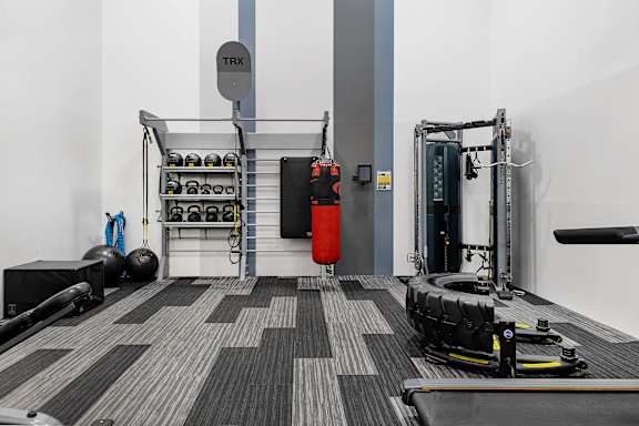 A TRX suspension trainer is hanging from the ceiling in a gym.