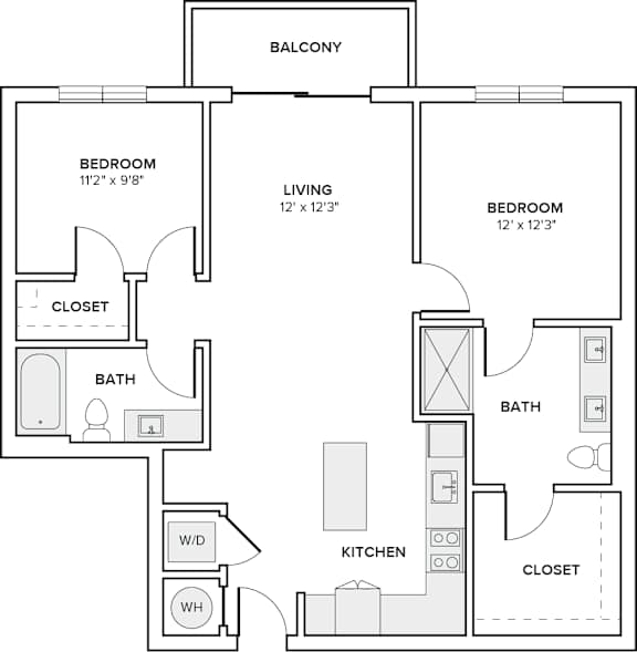 A black and white image of a floor plan for a two bedroom apartment.