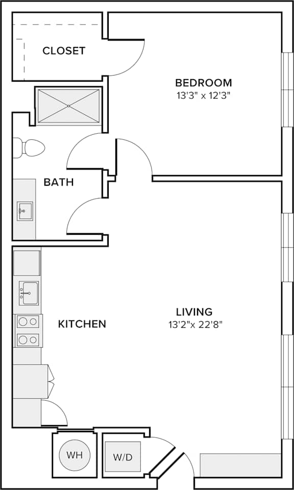 A floor plan of a small apartment with a bedroom, bathroom, kitchen, and living room.