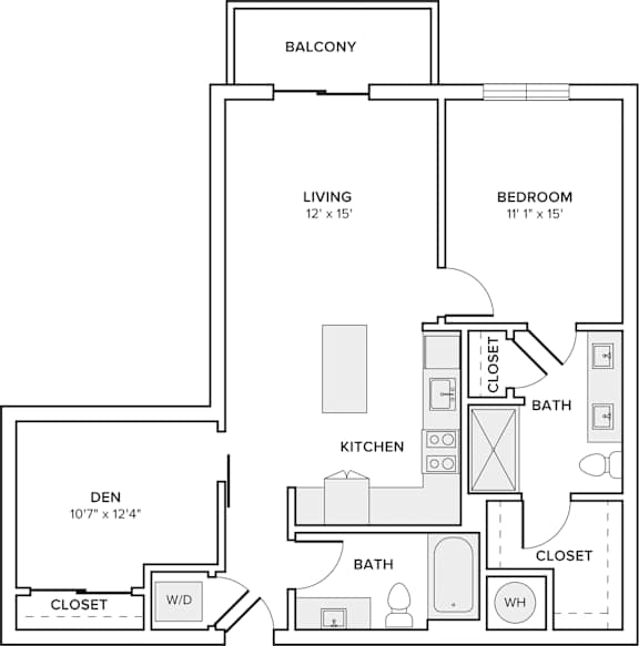 A floor plan of an apartment with a living room, bedroom, kitchen, and den.