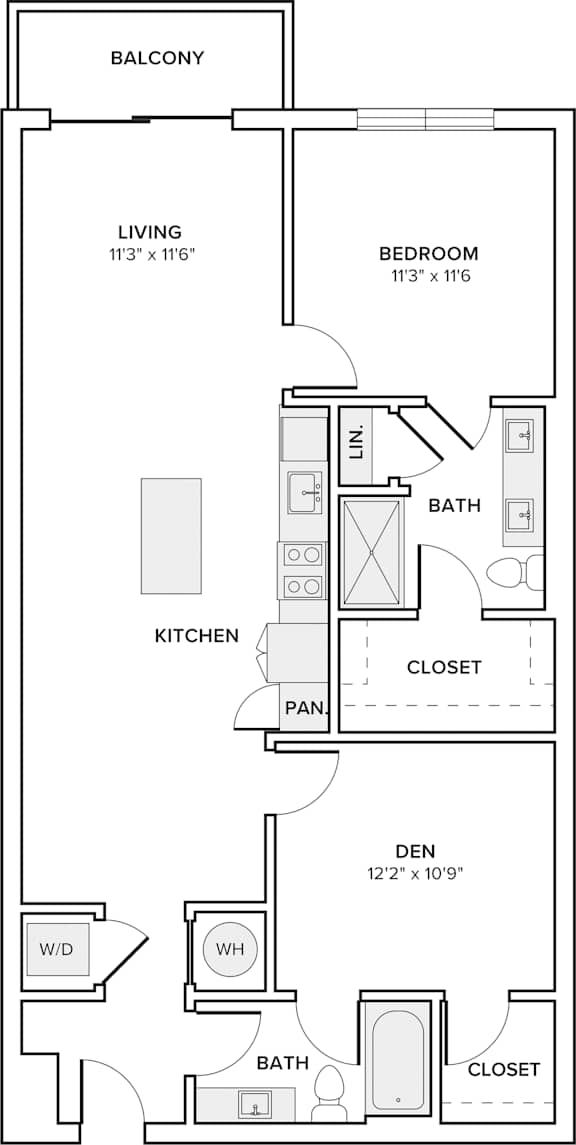 A floor plan of a small apartment with a living room, bedroom, kitchen, and den.