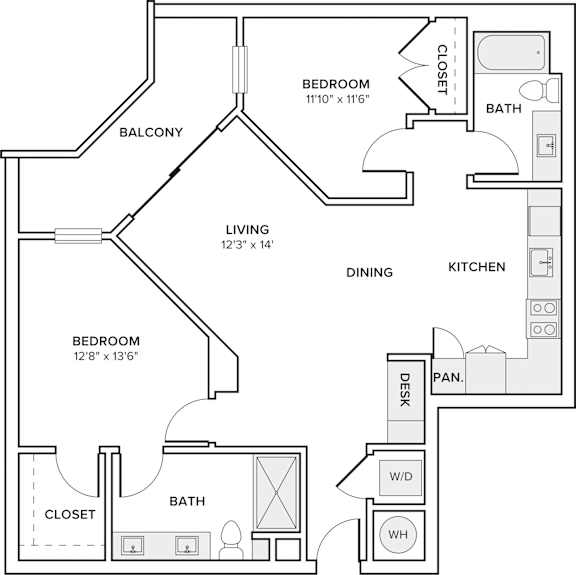 A black and white floor plan of a two-bedroom apartment.