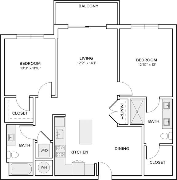 A black and white image of a floor plan for a home with two bedrooms, a living room, a dining room, a kitchen, a bathroom, a pantry, and a closet.