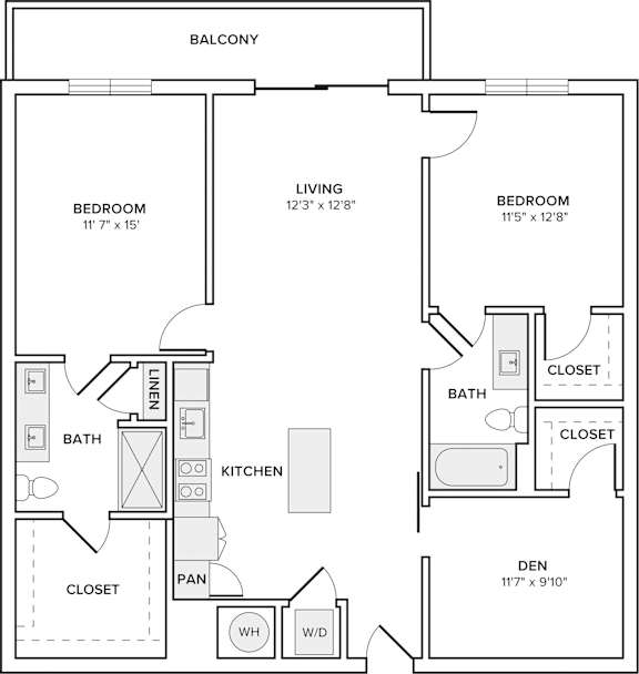 A black and white image of a floor plan for a home with a balcony, two bedrooms, a living room, a kitchen, a bathroom, a den, and a pan.