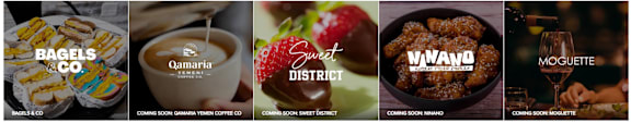 A series of images showcasing upcoming food and beverage brands such as Bagels & Co., Qamaria Yemen Coffee Co., Sweet District, NINANO, and MOGUETTE.