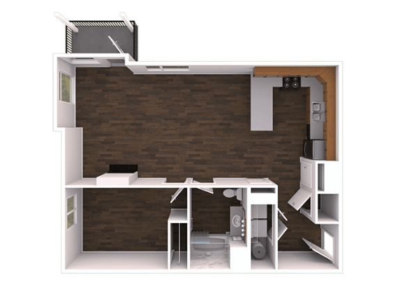 a digital rendering of an office space with a brown brick wall