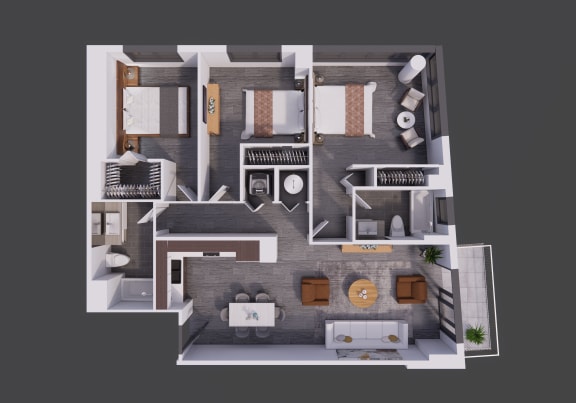 a 3d floor plan of a bedroom with a bathroom and a living room