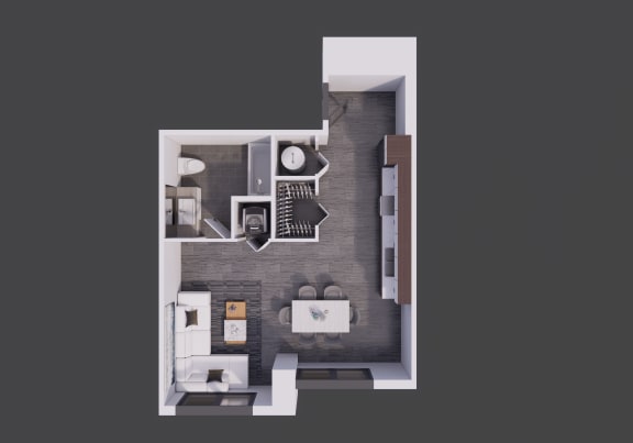the interior of a small apartment with a bedroom and a living room