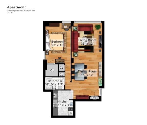 1 Bedroom 1 Bath Floor Plan at Ashton Heights, Hillcrest Heights, 20746