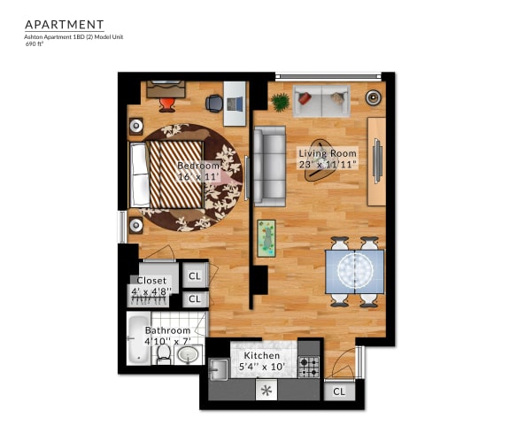 1 Bed 1 Bath Floor Plan at Ashton Heights, Hillcrest Heights, MD