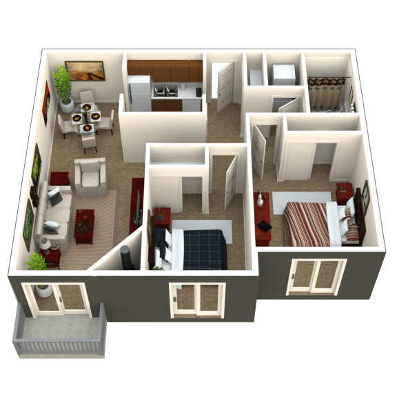a 3d rendering of a bedroom house with a living room and a dining room
