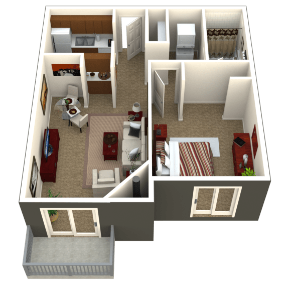 a 3d rendering of a floor plan with a bedroom and a living room