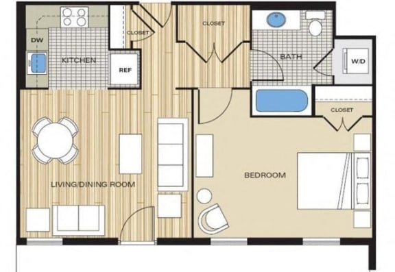 1 Bed1 Bath 600sf Floor Plan at Clayborne Apartments, Alexandria, VA, 22314