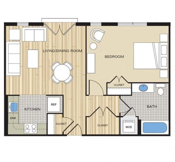 1 Bed1 Bath 605sf Floor Plan at Clayborne Apartments, Alexandria, VA