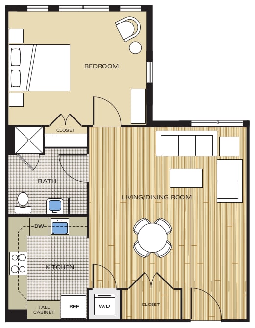 1 Bed1 Bath 672sf Floor Plan at Clayborne Apartments, Alexandria