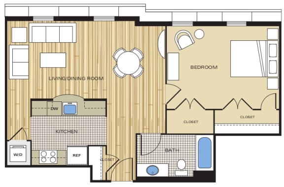 1 Bed1 Bath 675sf Floor Plan at Clayborne Apartments, Virginia, 22314