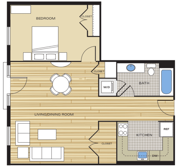 1 Bed1 Bath 740sf Floor Plan at Clayborne Apartments, Alexandria, Virginia