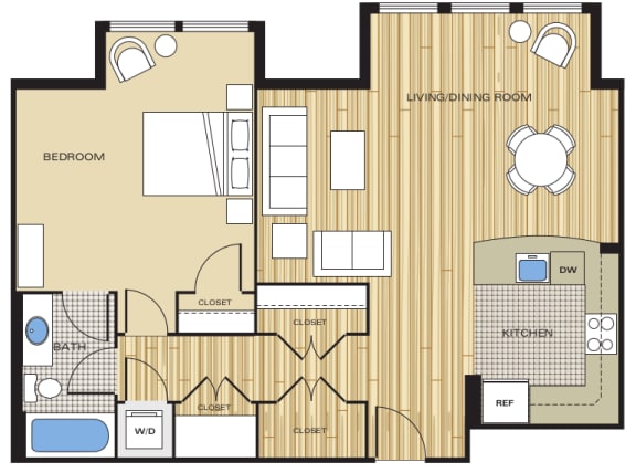 1 Bed1 Bath 805sf Floor Plan at Clayborne Apartments, Virginia