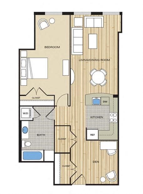 1 Bed1 Bath Den 824sf Floor Plan at Clayborne Apartments, Alexandria, VA, 22314