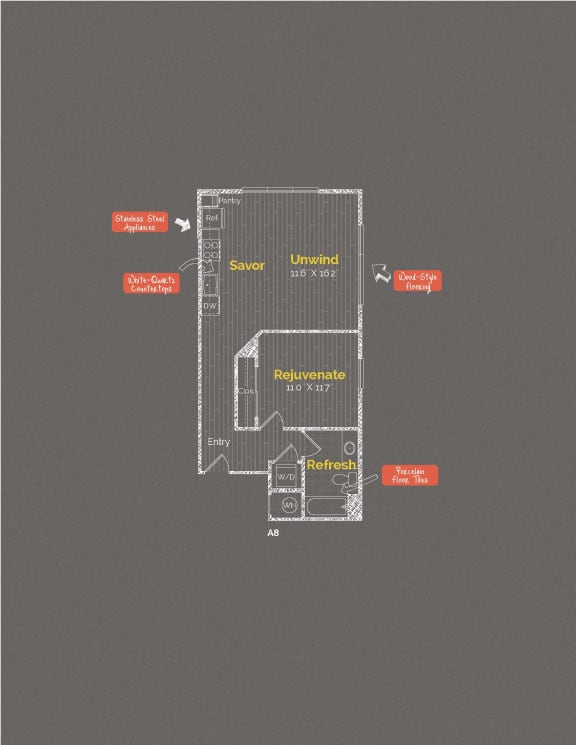 Floor Plan  1 bedroom 1 bathroom Floor plan D at The Maxwell Apartments, Arlington, 22203