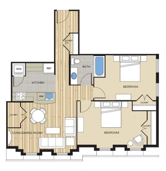 2 Bed1 Bath 827sf Floor Plan at Clayborne Apartments, Virginia, 22314